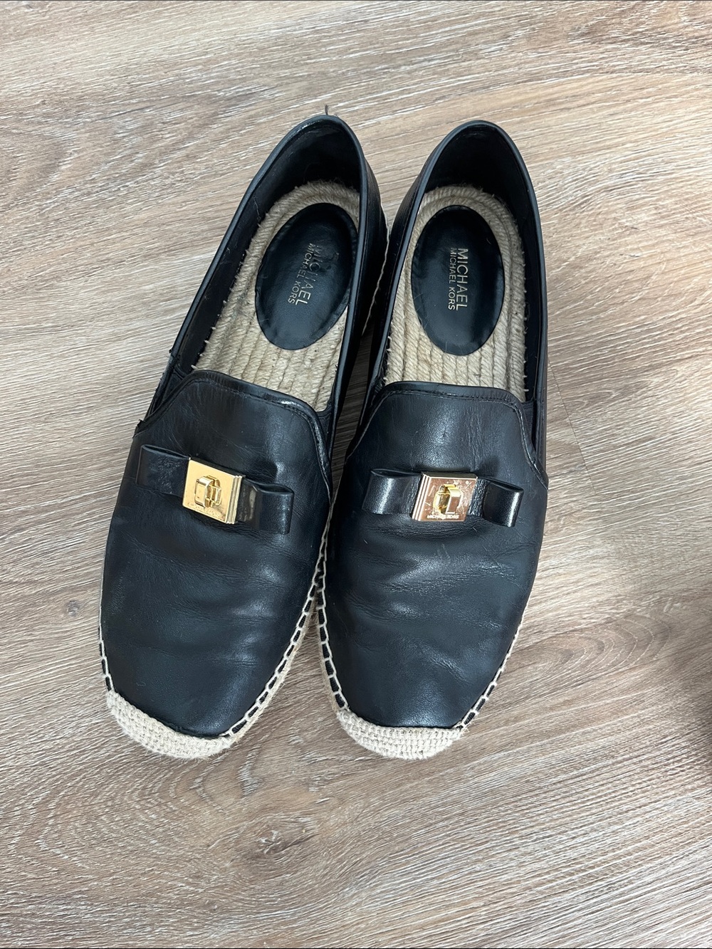 Michael Kors Black Leather Espadrille Mules with Gold-Tone Accent